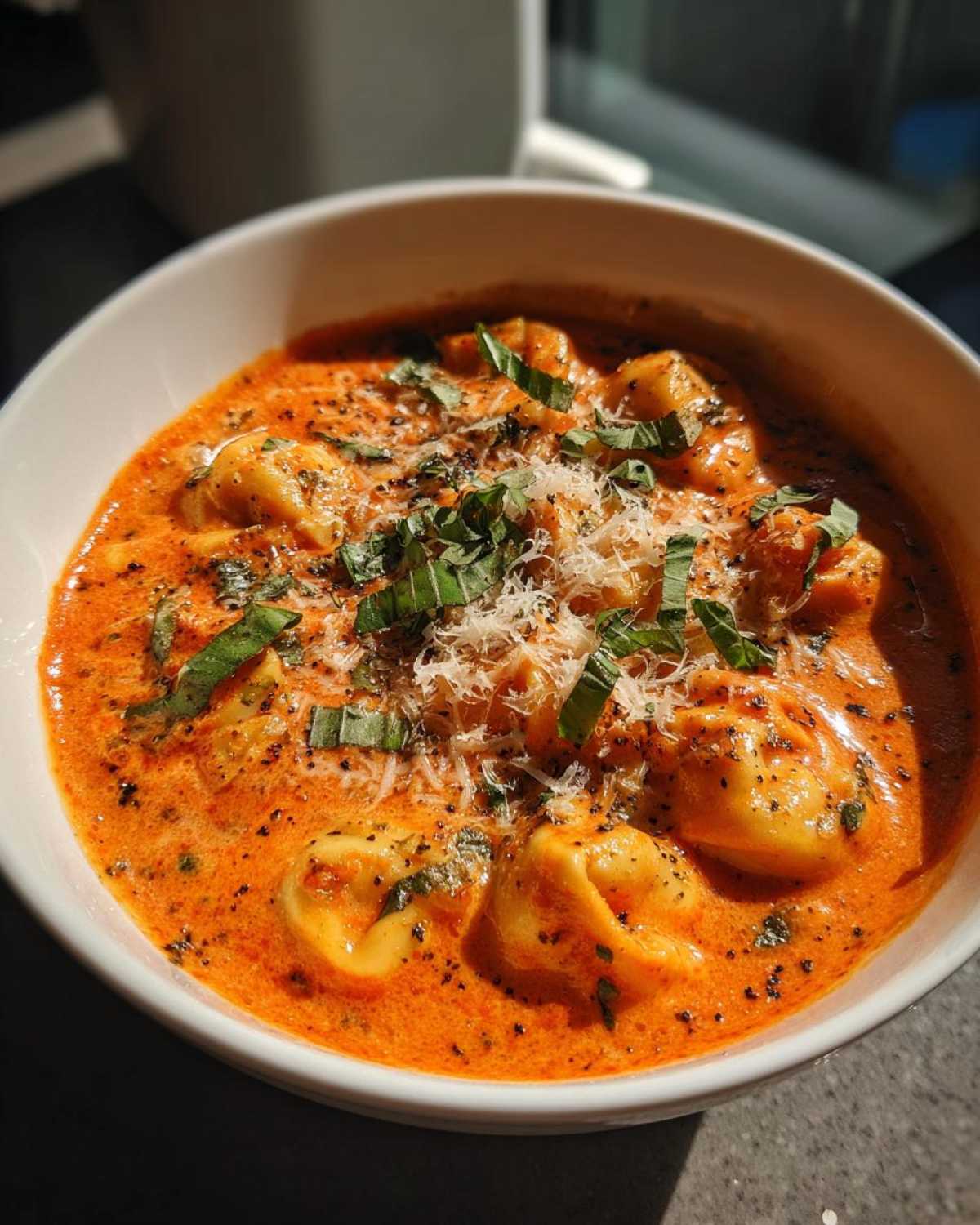 A close-up of a white bowl filled with rich, orange Creamy Tomato Tortellini Soup, topped with shredded Parmesan and fresh basil.