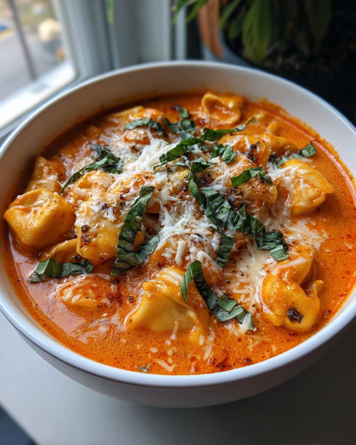 Close-up of a white bowl filled with rich, creamy tomato tortellini soup, topped with grated cheese and fresh basil.