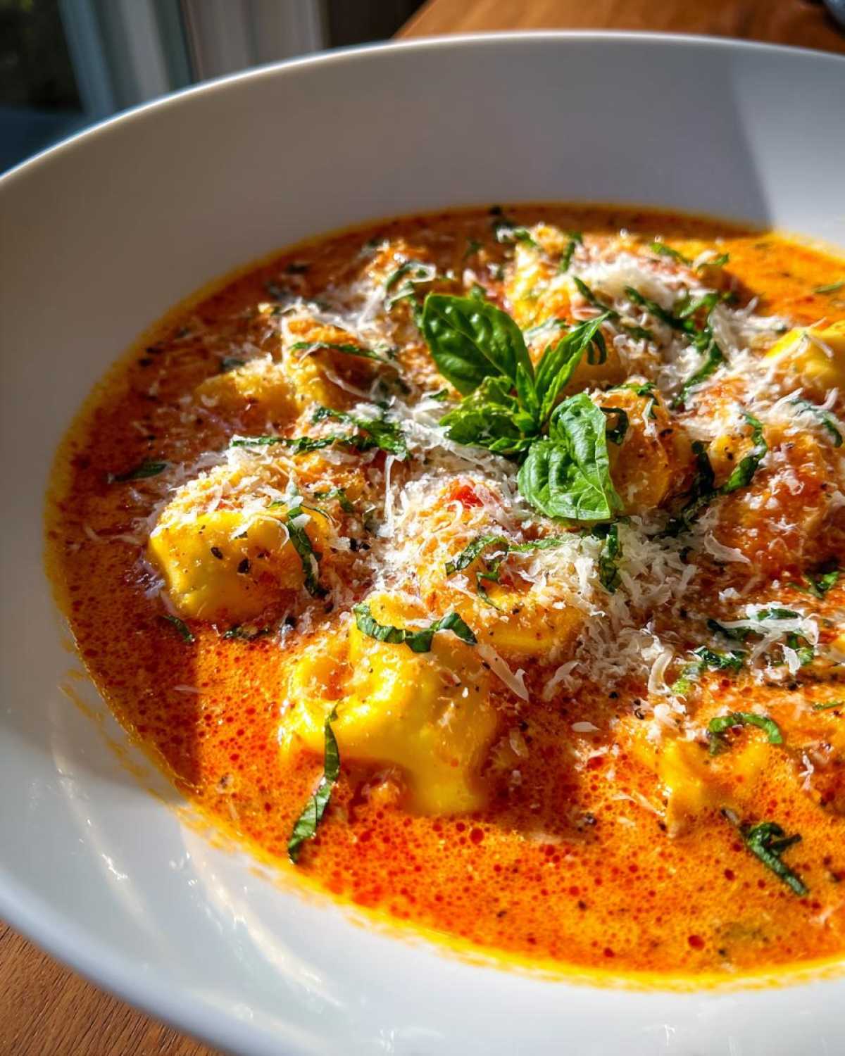 A close-up shot of rich, orange-red Creamy Tomato Tortellini Soup topped with grated Parmesan cheese and fresh basil leaves.