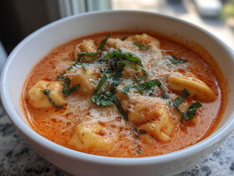 Close-up of a white bowl filled with rich Creamy Tomato Tortellini Soup, topped with grated Parmesan and fresh basil.