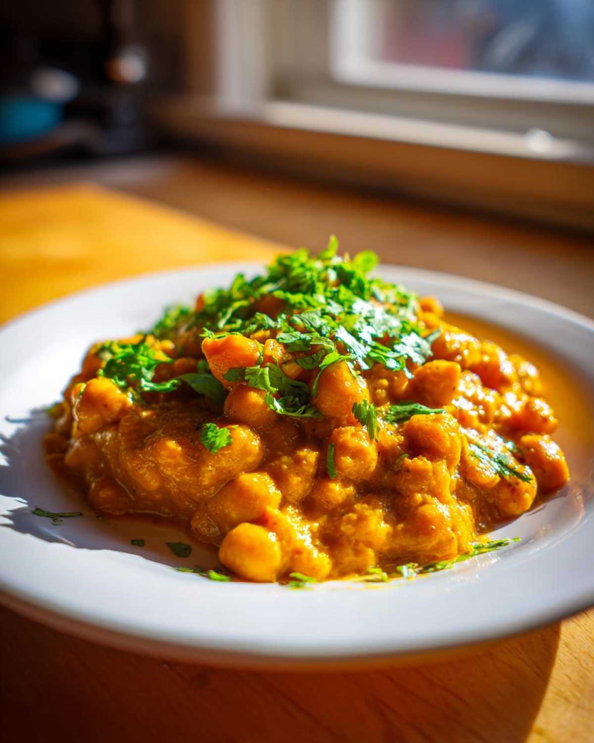 A close-up of creamy Vegetarian Chickpea Curry with Coconut Milk topped generously with fresh cilantro.