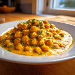 A close-up of a bowl of rich, creamy Vegetarian Chickpea Curry with Coconut Milk, garnished with fresh cilantro.