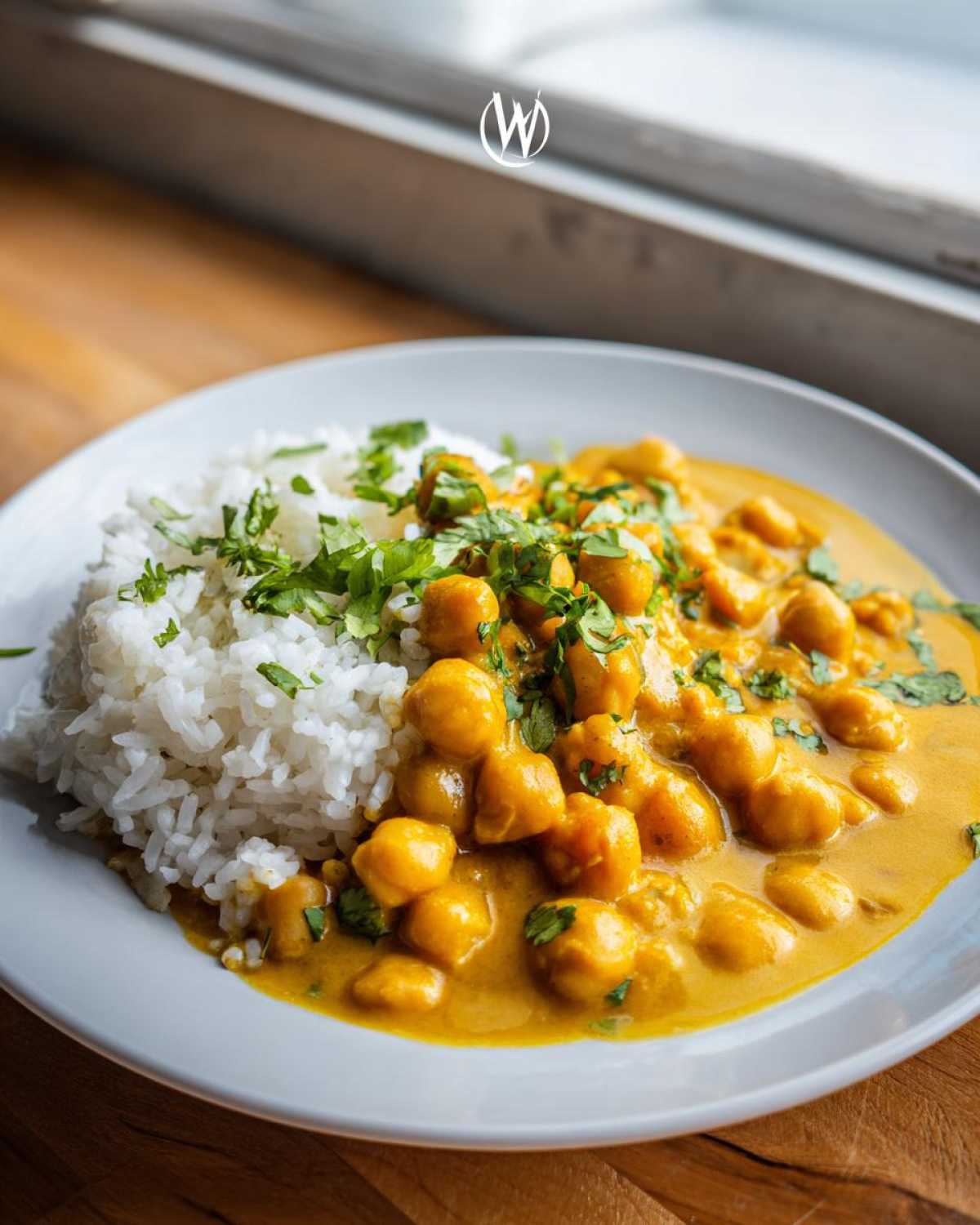 A close-up of creamy Vegetarian Chickpea Curry with Coconut Milk served next to fluffy white rice and garnished with fresh cilantro.