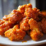 Close-up of a pile of Crispy Air Fryer Cauliflower Wings coated in a glossy, orange buffalo-style sauce.