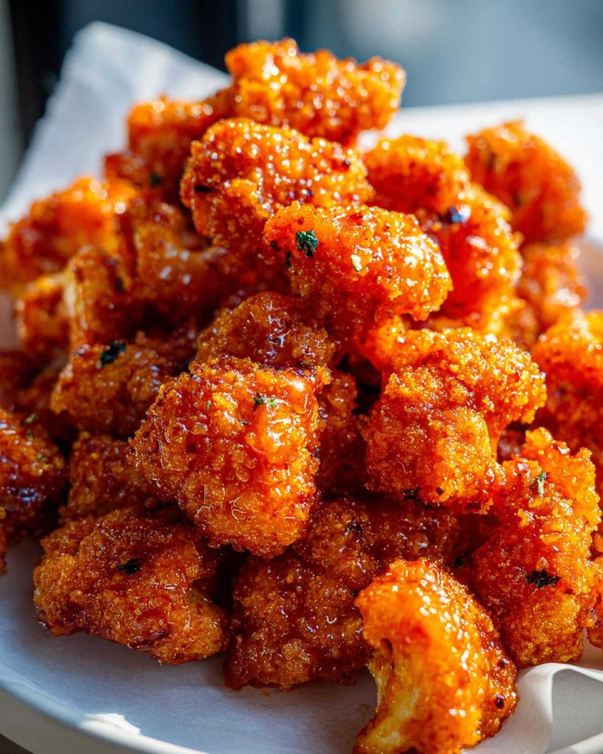 A close-up of a pile of glistening, orange-glazed Crispy Air Fryer Cauliflower Wings sprinkled with herbs.