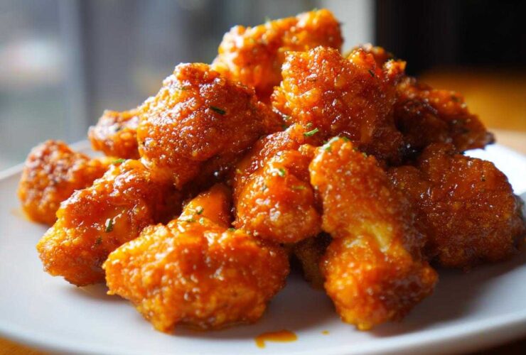 Close-up of a pile of Crispy Air Fryer Cauliflower Wings coated in a glossy, orange buffalo-style sauce.