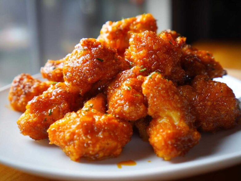 Close-up of a pile of Crispy Air Fryer Cauliflower Wings coated in a glossy, orange buffalo-style sauce.