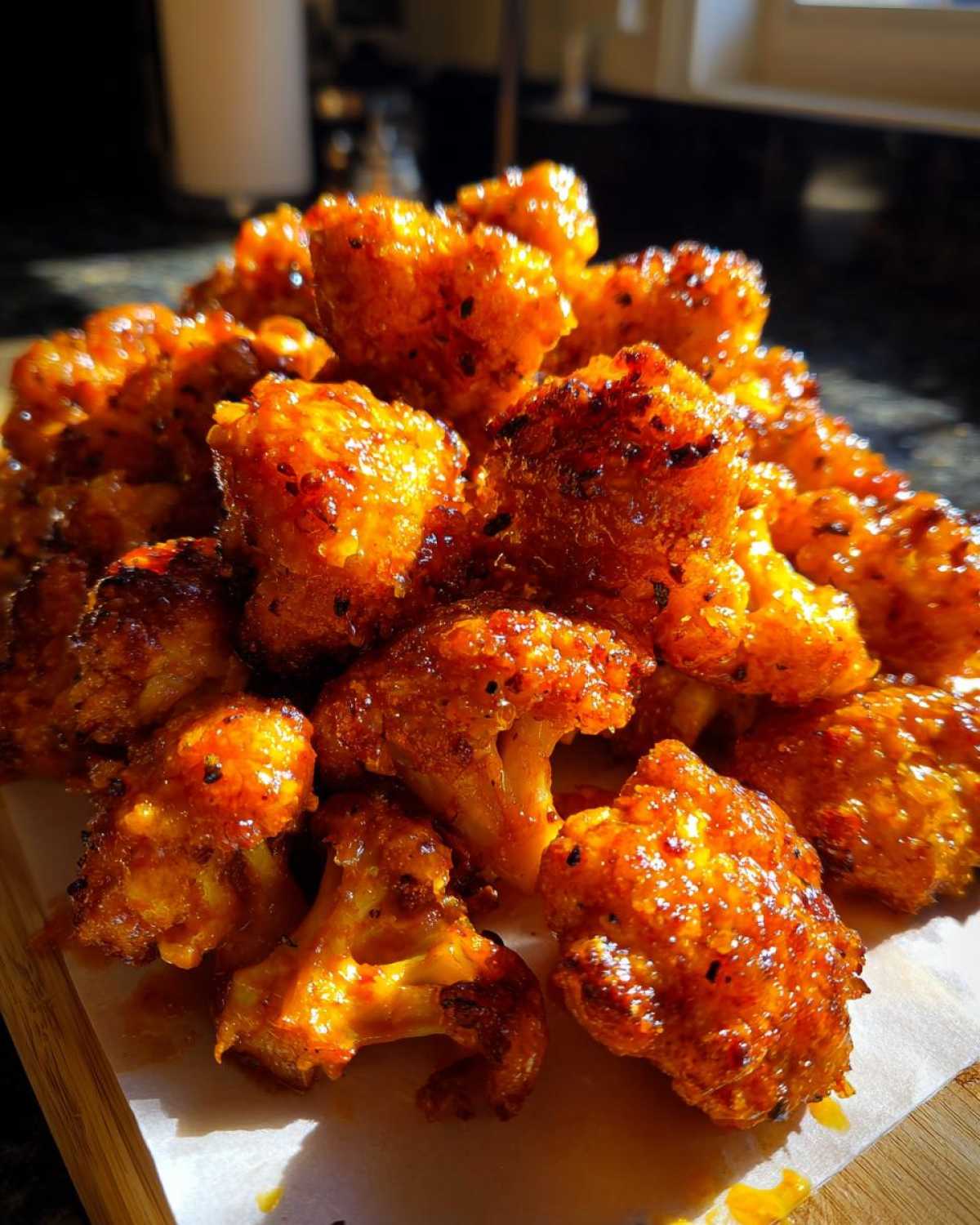 A pile of glossy, orange-glazed Crispy Air Fryer Cauliflower Wings catching the sunlight.