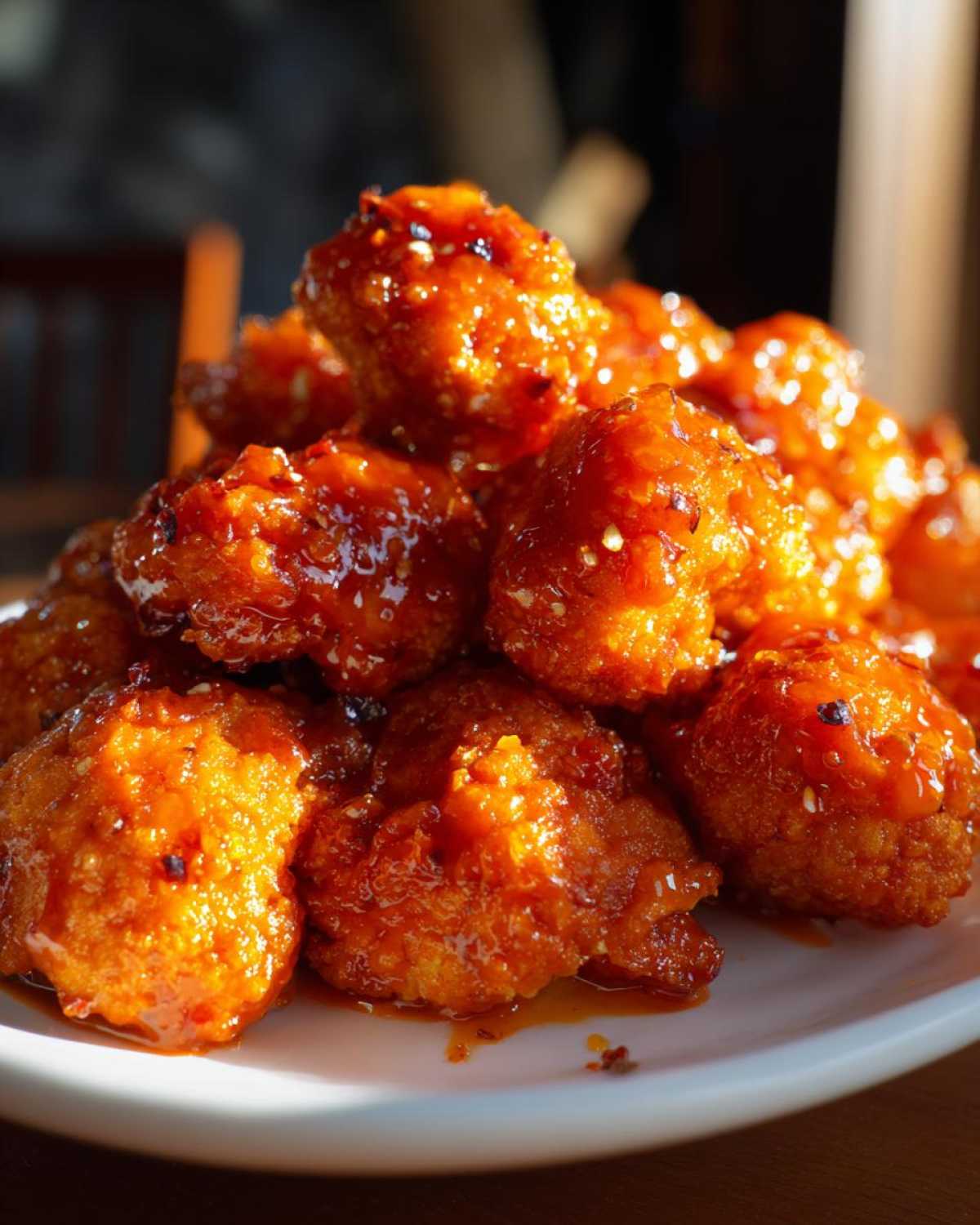 Close-up of a mound of Crispy Air Fryer Cauliflower Wings coated in a thick, shiny orange-red sauce.