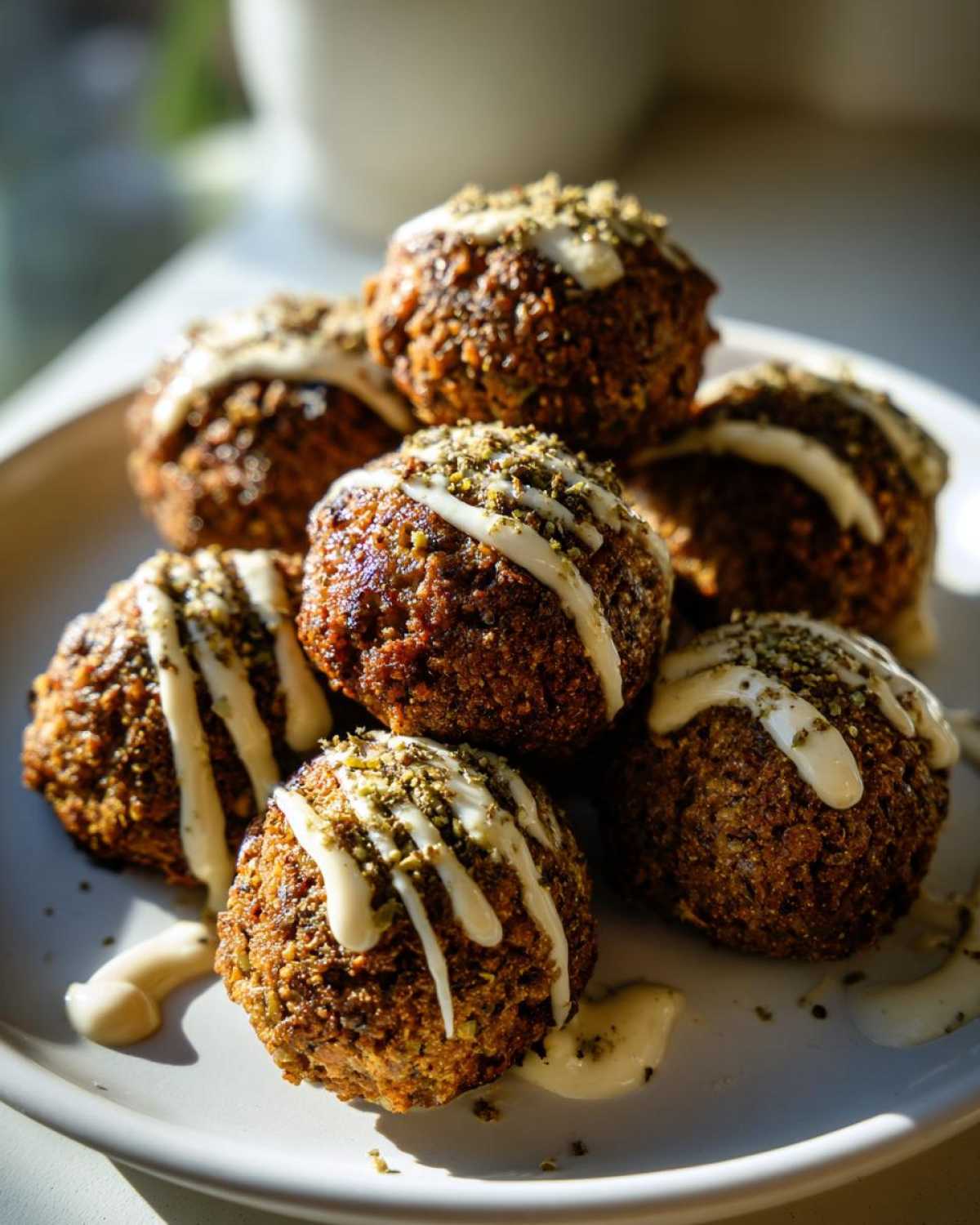 A stack of golden brown, crispy air fryer falafel drizzled with tahini sauce and sprinkled with herbs.