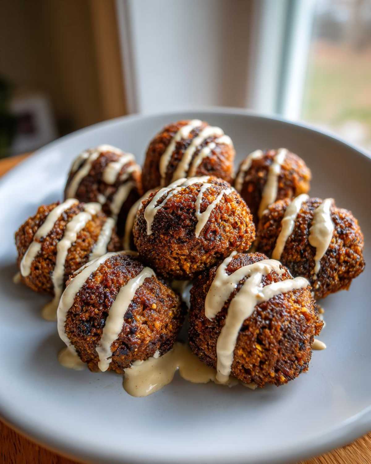 A plate of golden brown, crispy air fryer falafel drizzled generously with creamy tahini sauce.
