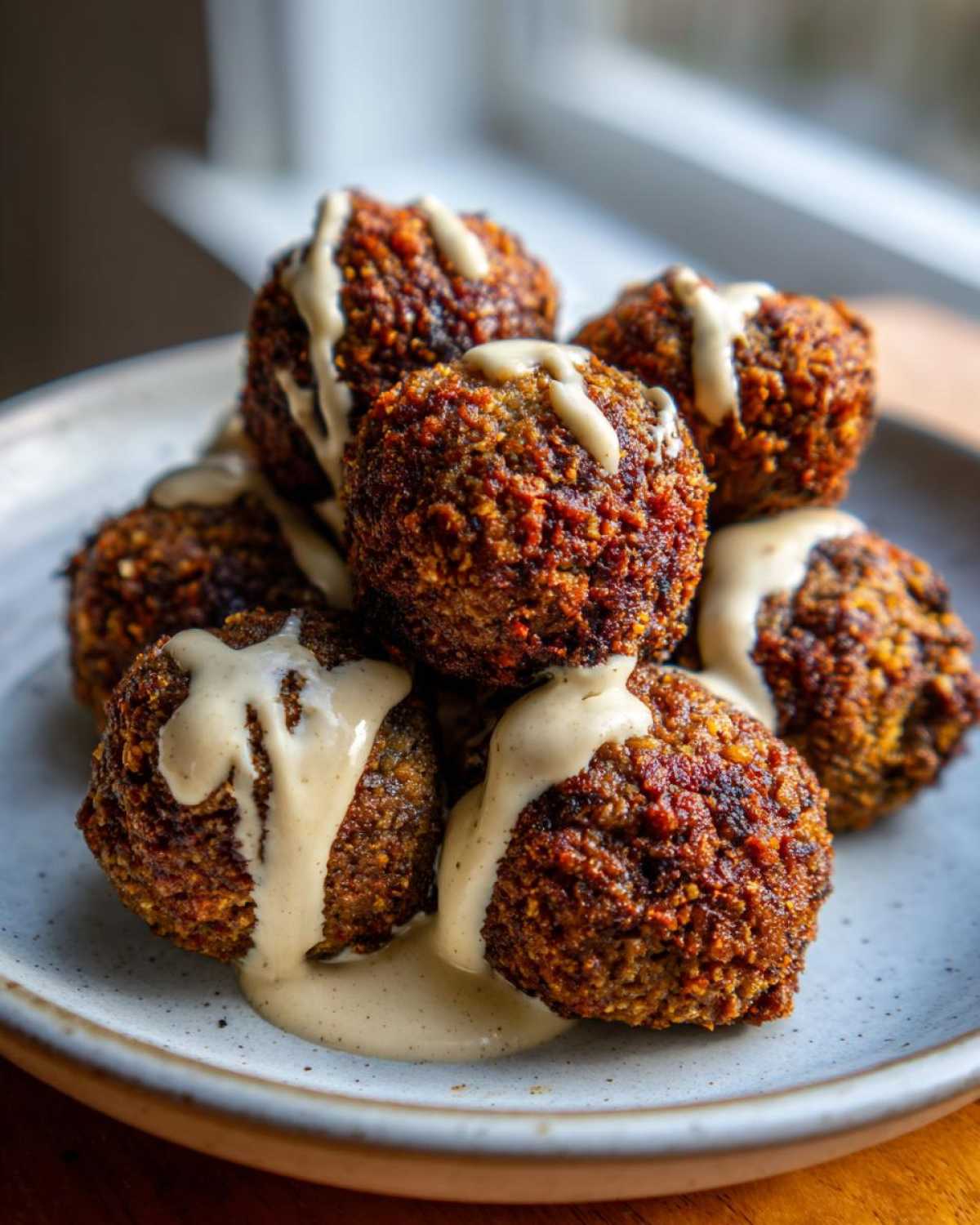 A stack of golden brown, crispy air fryer falafel drizzled generously with creamy tahini sauce on a light plate.
