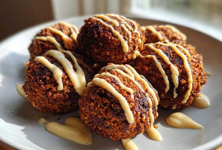 A plate of golden brown, crispy air fryer falafel drizzled generously with creamy tahini sauce.
