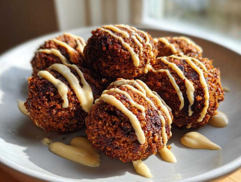A plate of golden brown, crispy air fryer falafel drizzled generously with creamy tahini sauce.
