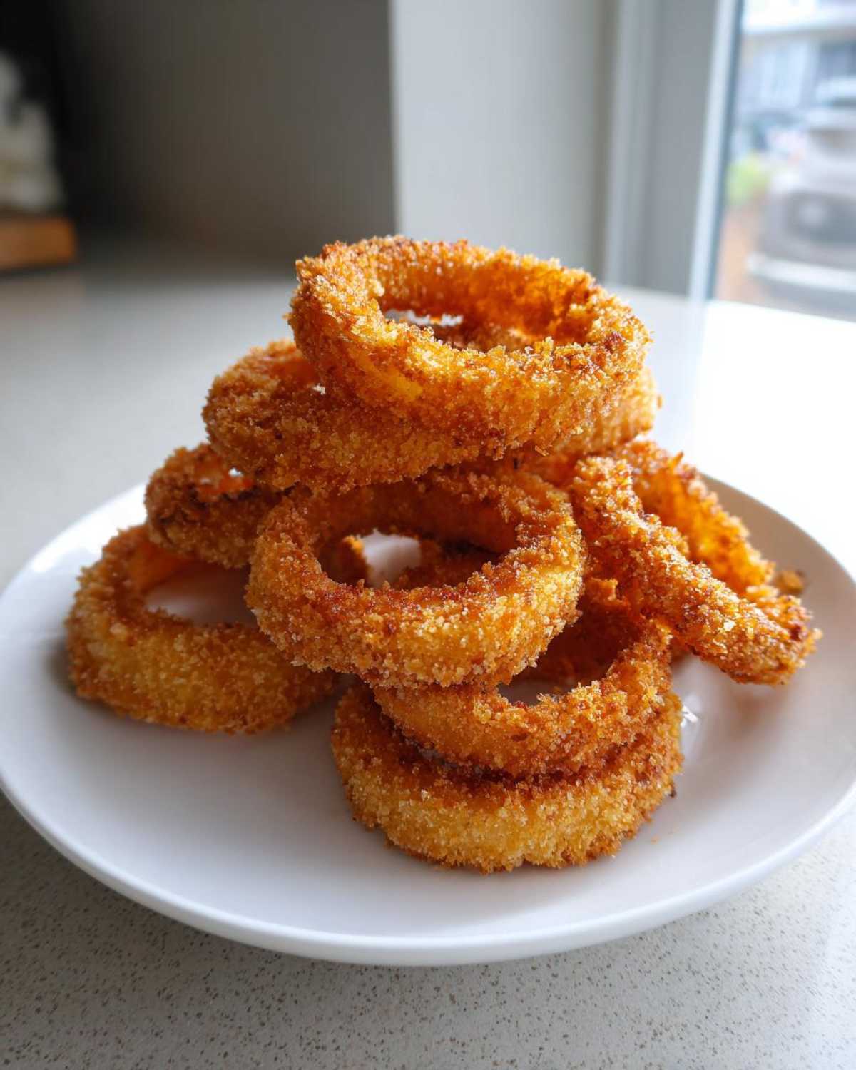 A stack of golden brown, crispy Air Fryer Onion Rings piled high on a white plate.