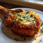 A perfectly cooked, bone-in Crispy Air Fryer Pork Chop topped with melted garlic butter and fresh parsley.