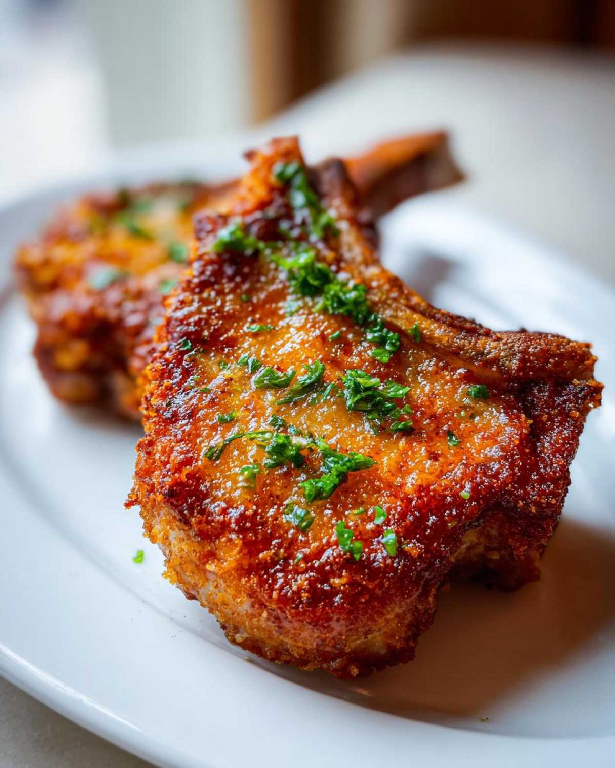 Two golden brown, crispy air fryer pork chops topped with melted garlic butter and fresh parsley.
