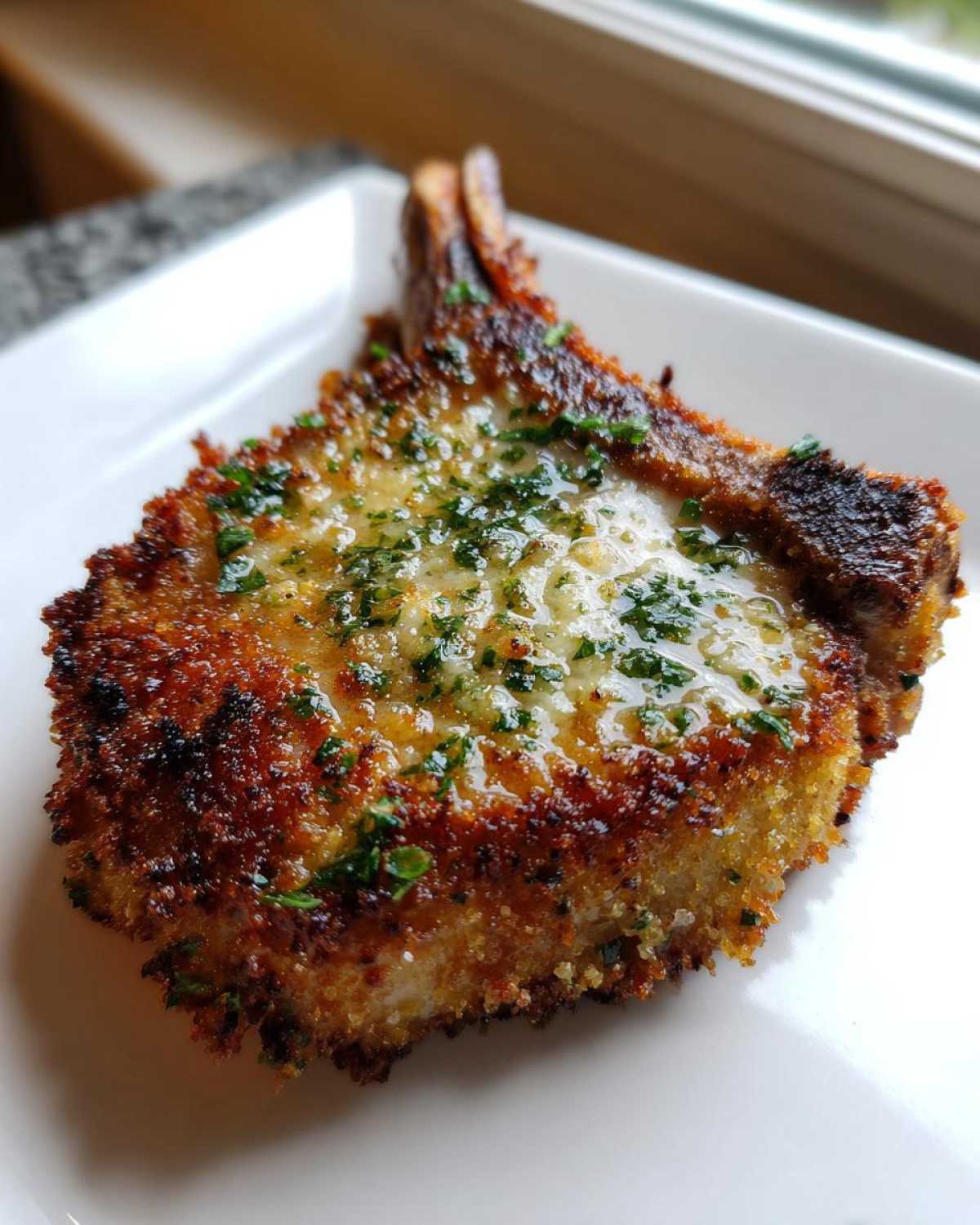 A close-up of a single, golden-brown, crispy air fryer pork chop topped with melted garlic butter and fresh parsley.