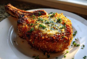 A perfectly cooked, bone-in Crispy Air Fryer Pork Chop topped with melted garlic butter and fresh parsley.