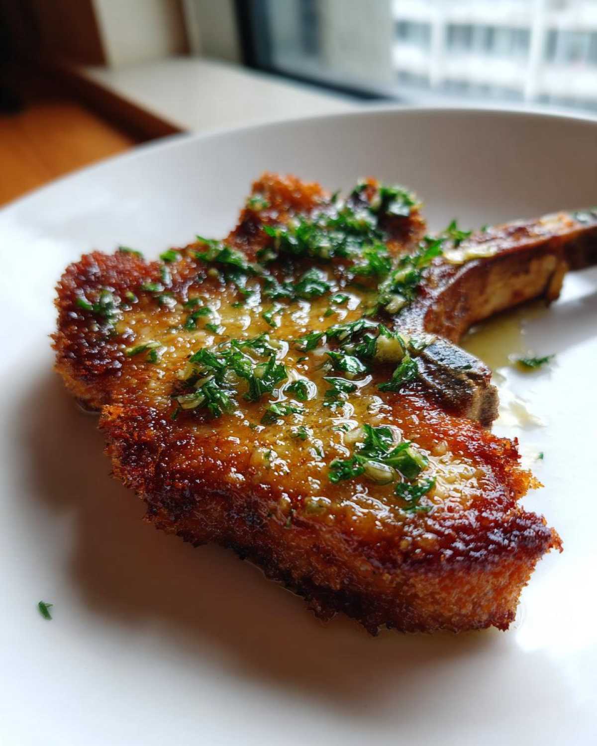 Close-up of a perfectly cooked, crispy air fryer pork chop topped with glistening garlic butter and fresh parsley.