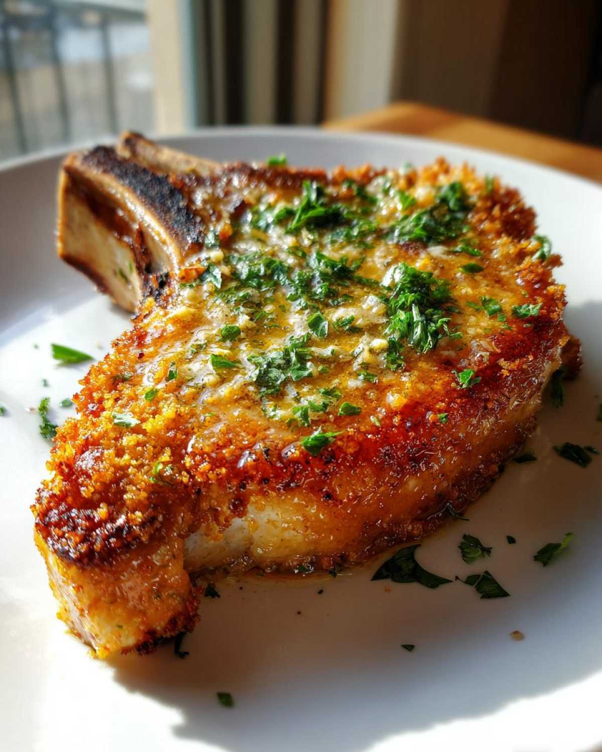 A close-up of a thick, bone-in Crispy Air Fryer Pork Chop topped with melted garlic butter and fresh parsley.