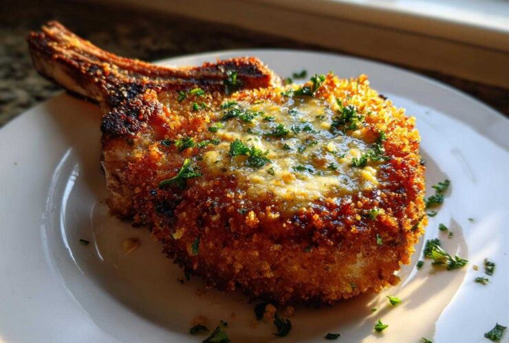 A perfectly cooked, bone-in Crispy Air Fryer Pork Chop topped with melted garlic butter and fresh parsley.