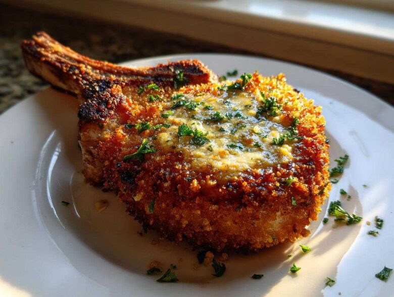 A perfectly cooked, bone-in Crispy Air Fryer Pork Chop topped with melted garlic butter and fresh parsley.