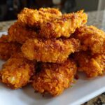 A close-up of a pile of golden brown, crispy baked chicken tenders with cornflake crust served on a white plate.