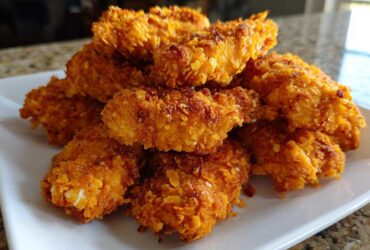 A close-up of a pile of golden brown, crispy baked chicken tenders with cornflake crust served on a white plate.