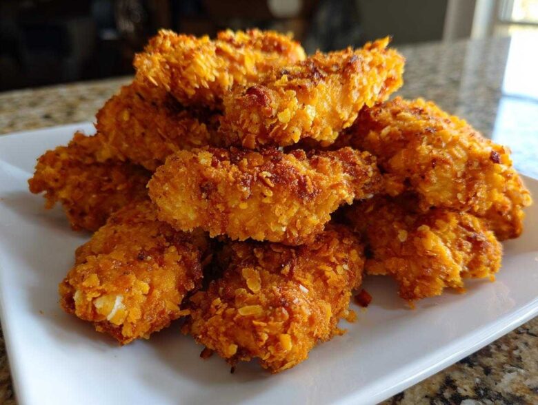 A close-up of a pile of golden brown, crispy baked chicken tenders with cornflake crust served on a white plate.