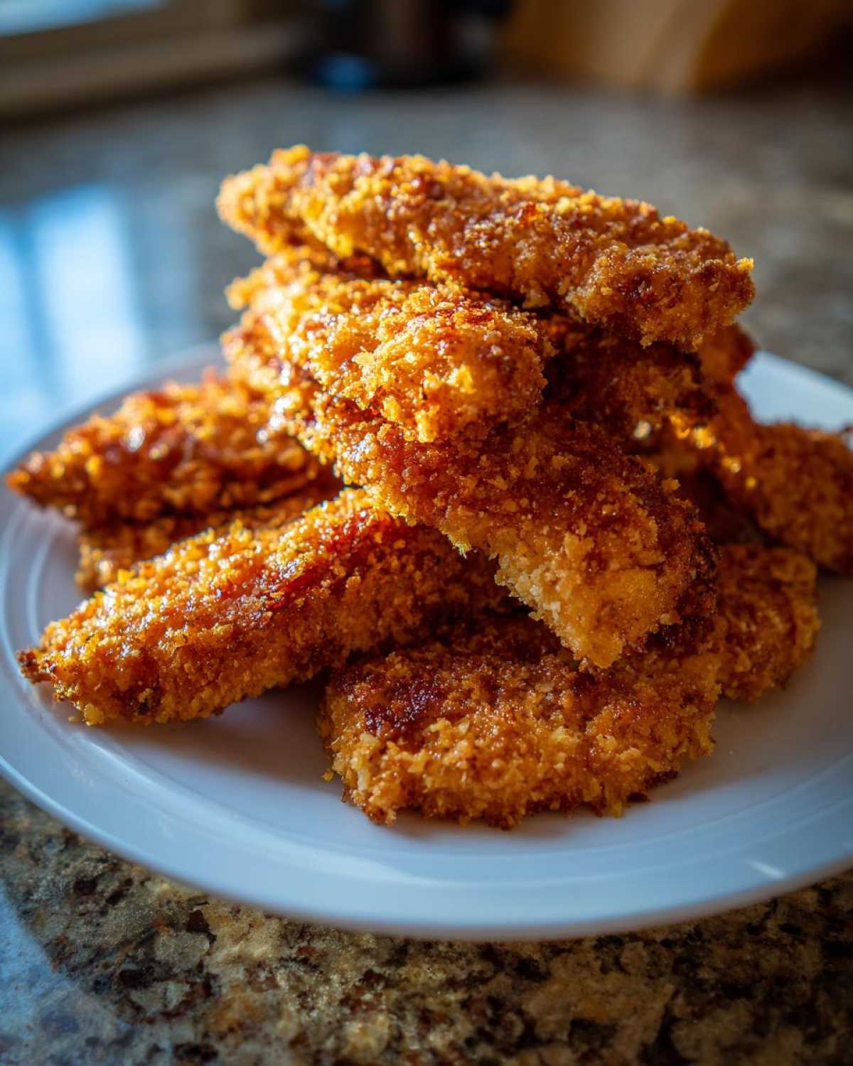 A stack of golden brown, crispy baked chicken tenders with cornflake crust piled high on a white plate.