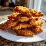 A stack of golden brown, crispy baked chicken tenders with cornflake crust piled high on a white plate.