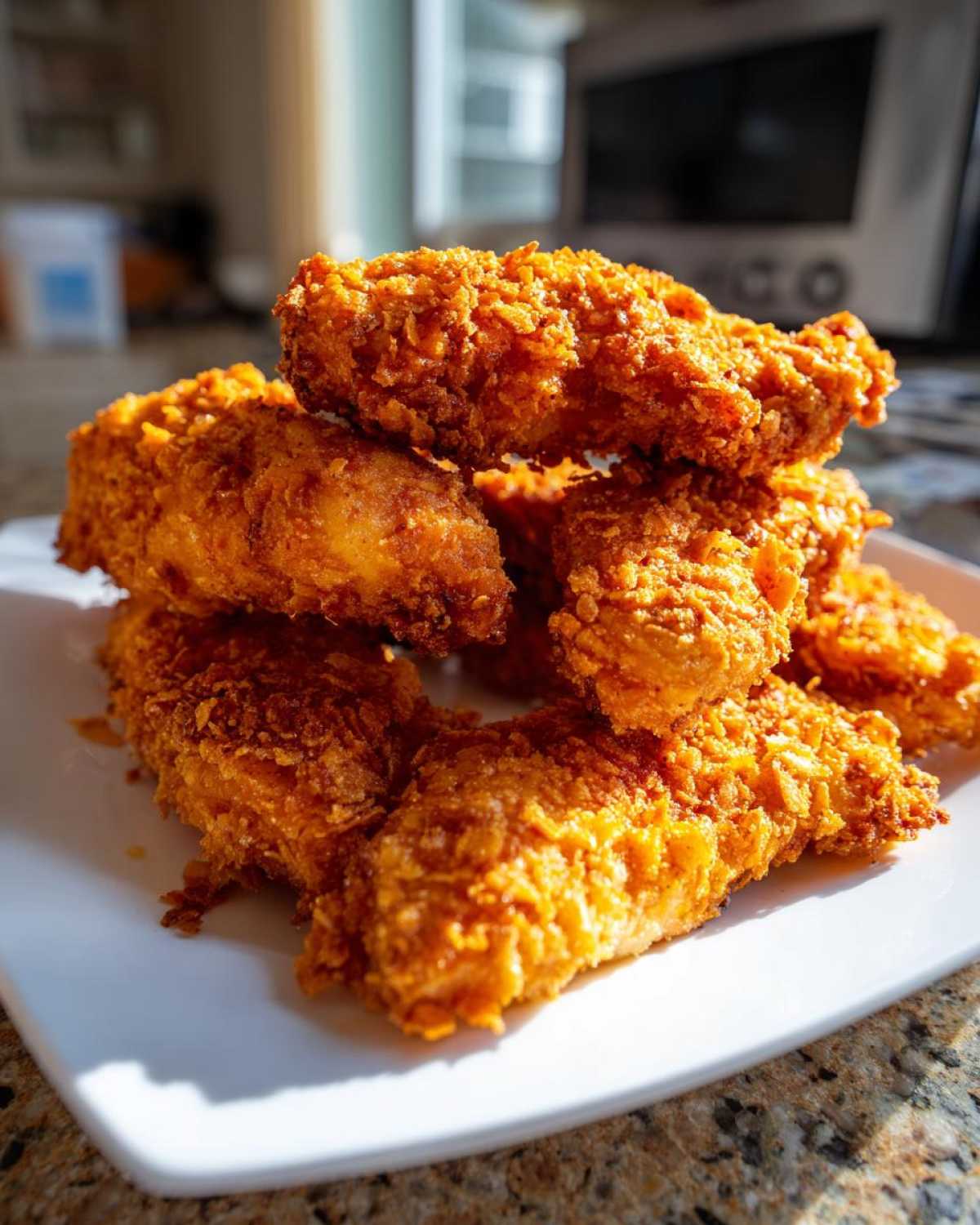 A stack of golden brown, extra crispy baked chicken tenders with cornflake crust piled high on a white plate.