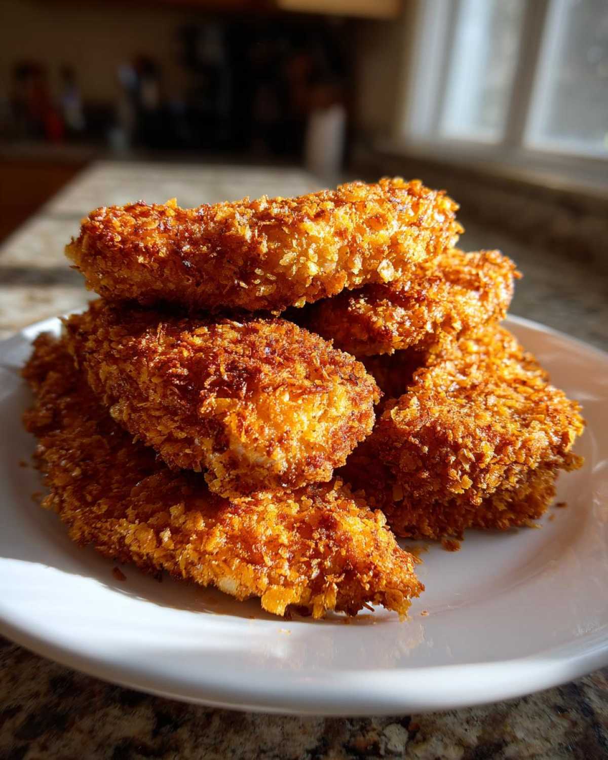 A stack of golden brown, extra crispy baked chicken tenders with cornflake crust piled on a white plate.