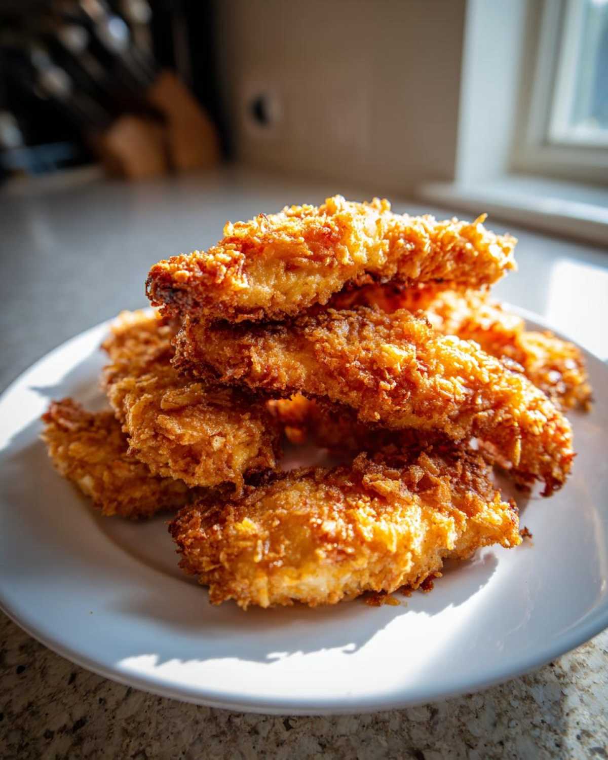 A stack of golden brown, crispy baked chicken tenders with cornflake crust piled on a white plate.