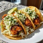 Three Crispy Baked Fish Tacos filled with golden fried fish and creamy lime slaw, served on a white plate.