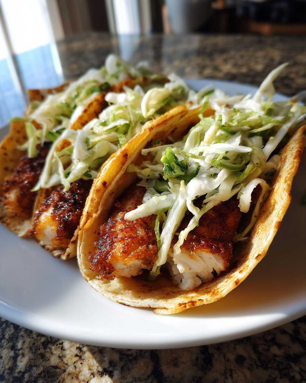 Three Crispy Baked Fish Tacos filled with seasoned white fish and topped with shredded lime slaw on a white plate.