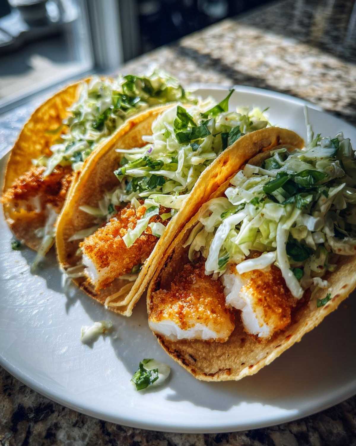 Three Crispy Baked Fish Tacos filled with breaded white fish and topped generously with bright lime slaw.