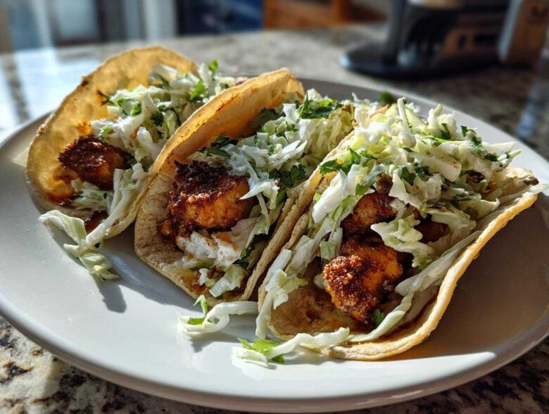 Three Crispy Baked Fish Tacos loaded with seasoned fish and bright lime slaw on a white plate.