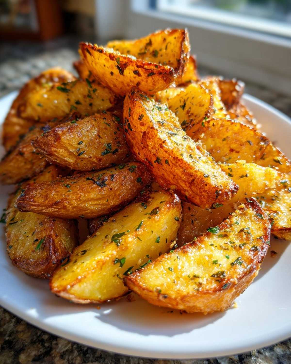 A pile of golden, crispy baked garlic parmesan potato wedges seasoned with herbs on a white plate.