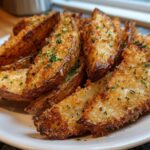 A close-up of a pile of golden brown, crispy baked garlic parmesan potato wedges garnished with parsley.