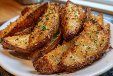 A close-up of a pile of golden brown, crispy baked garlic parmesan potato wedges garnished with parsley.
