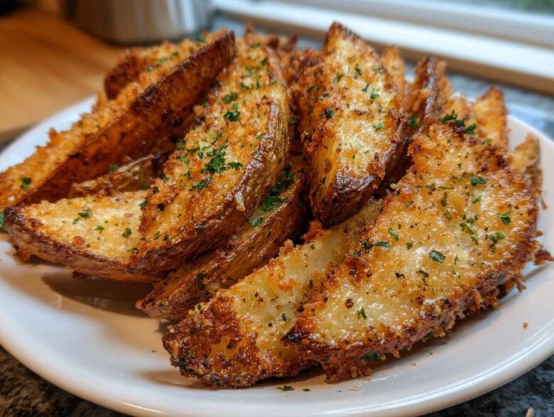 A close-up of a pile of golden brown, crispy baked garlic parmesan potato wedges garnished with parsley.