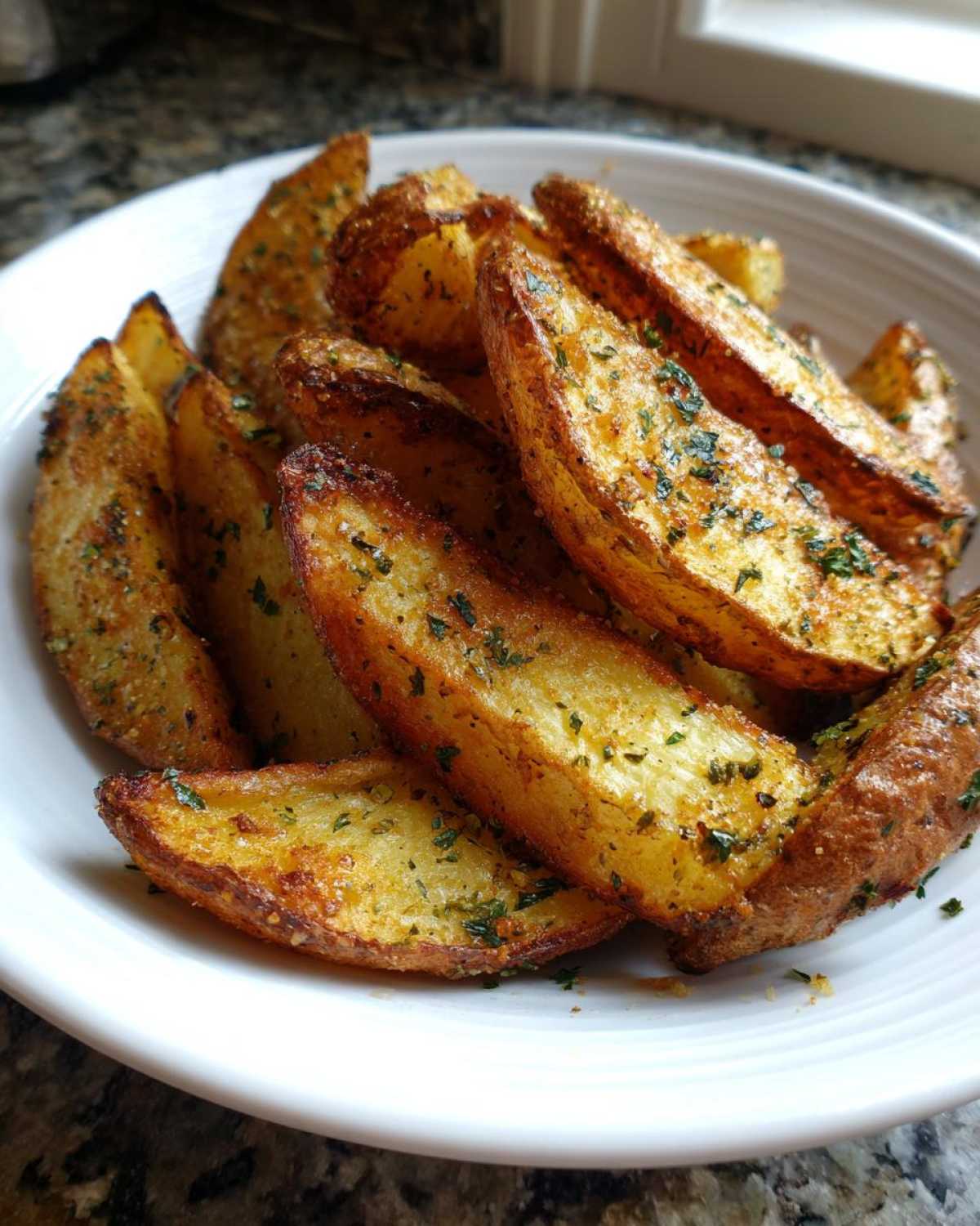 A white bowl filled with golden brown Crispy Baked Garlic Parmesan Potato Wedges sprinkled with green herbs.