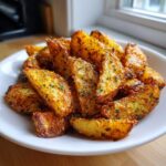 A white bowl filled with golden, crispy baked garlic parmesan potato wedges seasoned with herbs.