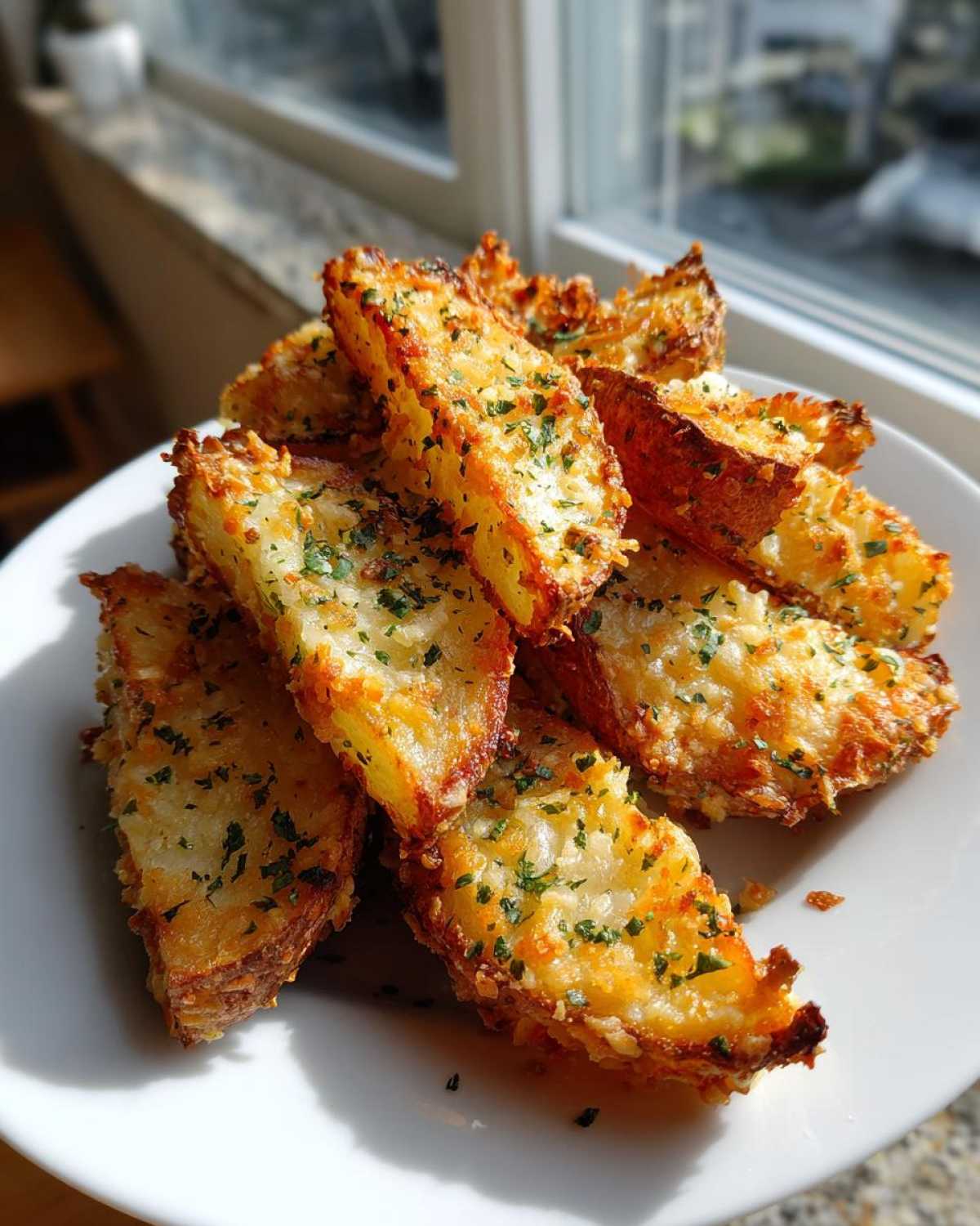 A pile of golden brown Crispy Baked Garlic Parmesan Potato Wedges sprinkled with fresh parsley on a white plate.
