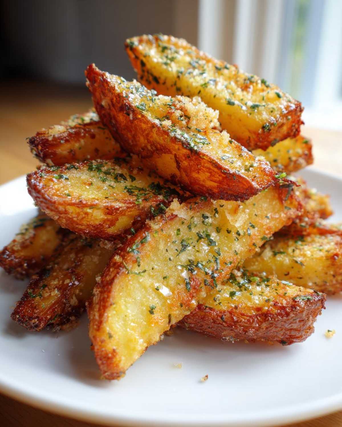 A close-up stack of golden brown Crispy Baked Garlic Parmesan Potato Wedges sprinkled with herbs.