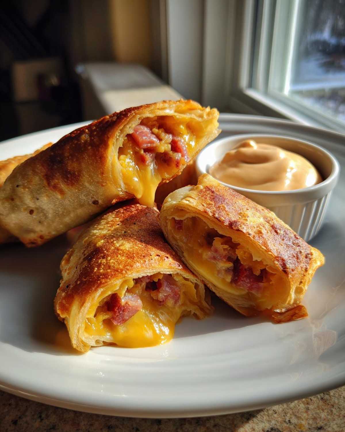 Close-up of crispy baked Reuben egg rolls cut open, showing melted cheese and corned beef, served with Thousand Island dip.