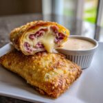 Close-up of Crispy Baked Reuben Egg Rolls cut open showing melted cheese and corned beef, served with dip.