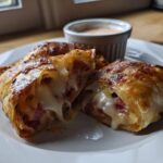 One of the Crispy Baked Reuben Egg Rolls is cut open showing melted Swiss cheese and corned beef filling.